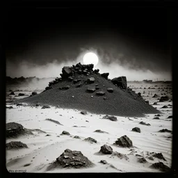 A striking quality Kodak photograph captures a wasteland with creepy, details of the dust very accentuated, glossy organic mass, adorned with minerals and rocks. Bathed in intense light, eerie, Max Ernst style, black sun, fog