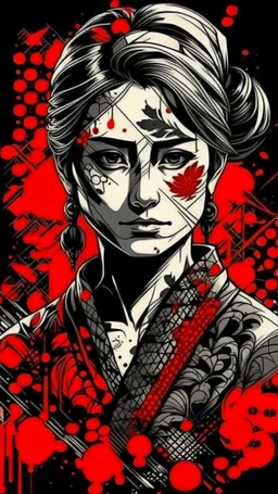 portrait of yakuza lady, Japanese art style, red and black color splash