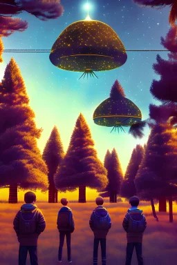 school kids see ufo flying over tall pine trees near a powerline with (three lights underneath) and lots of lights all around the edge, the year is 1966 in color, concept art, by Asaf Hanuka, by Weta Digital, Electric Colors, Screen Space Global Illumination, in a symbolic and meaningful style