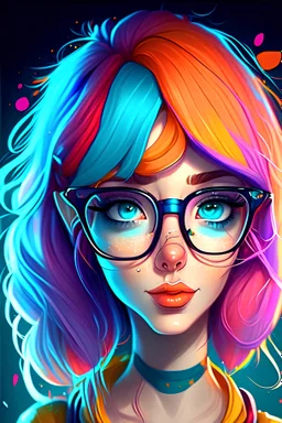 A very beautiful and attractive cartoon girl with colorful hair and a symmetrical face who wears glasses with a luminous face