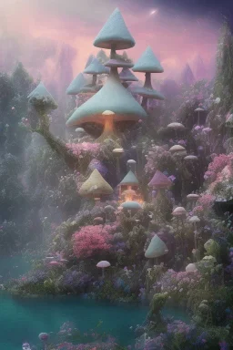 lac turquoise,ciel étoilé, petit rocher avec mousse, magic hobbit house,great flower fleurs pink and white, champignon magique, elfe très beau, fée magnifique, etoile filante, cristaux, vray, cgi