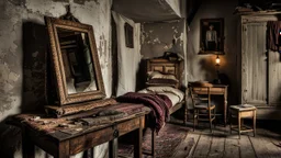 In the foreground close up an old, broken and cracked mirror rests on a vintage wooden table, the dimly lit space. European village poor room. A narrow, vintage wooden bed with large pillows at the end stands in the background, accompanied by an old wardrobe. A small table by the wall holds a kerosene lamp, simple, worn furniture. on the wall hangs a painted image hang of the Virgin Mary, small wooden window , high detailed, high realistic