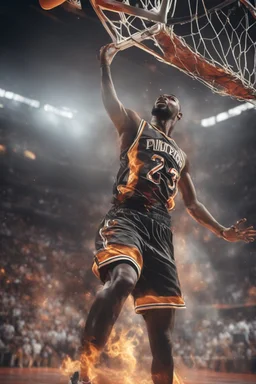 8k, highly realistic and detailed image of a NBA basketball player in action dunking the ball in the net, sweaty hair, screaming look,action and smoke and flames background