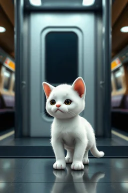 3d A small white kitten stands sadly in a metro station