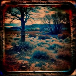 Polaroid detailed spooky landscape strong texture, extreme detail, distress, high contrast, rich colours, Alphonse Mucha