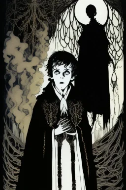 7 year old boy, necromancer, friendly, looks dead, surrounded by weird smoke with eyes, wearing black robes, in the style of Harry Clarke