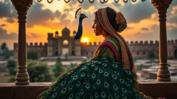 Hyper Realistic Traditional Rajasthani Art featuring a Young (side view and cover face) of a Rajasthani woman wearing traditional rajasthani sari sitting with a beautiful peacock, in a traditionally crafted rajasthani fort at cloudy sunset behind them showing dramatic and cinematic ambiance.