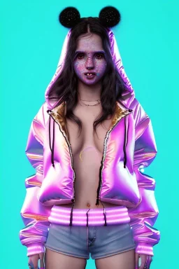 Ultra Realistic image, Rosalía artist, portrait, waist up portrait, long black eye line, sweet face, inflatable hoodie, gold pink and blue style, spray glow make up, led rings piercing, led geometric ornament, fog, hot, inflatable style bubble latex coat, vibrant color, highly detailed, art stations, concept art, smooth, unreal engine 5, god rays, ray tracing, RTX, lumen lighting, ultra detail, volumetric lighting, 3d, finely drawn, high definition, high resolution.