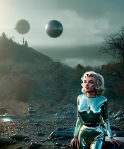 Ultra Realistic retro sci-fi 1960 scene, waist up view portrait, blonde woman, sweet young Marilyn Monroe face, perfect iris, tight latex coat, alien planet background, tight style, steel sphere dron levitating, fog, rain, soft color, highly detailed, unreal engine 5, ray tracing, RTX, lumen lighting, ultra detail, volumetric lighting, 3d, finely drawn, high definition, high resolution.