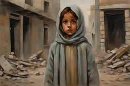 Grey sky, crying little palestinian girl wearing kuffeah , rocks, destroyed buildings , 80's sci-fi movies influence, friedrich eckenfelder and willem maris impressionism paintings