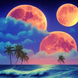 1980's vaporwave aesthetic palm trees with lightning with lunar eclipse moon crescent in the ocean waves sunset