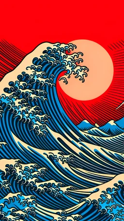 wave blue Kanagawa red sun backgroung
