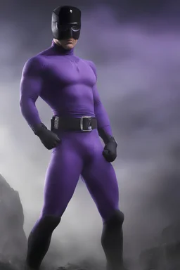 Kent Walker aka THE PHANTOM, Strong, athletic physique, action poses, wearing a skin-tight, formfitting purple bodysuit with a skin-tight, formfitting purple cowl, black eye disguise, black utility belt and double holstered pistol belt, black knee-high boots, glowing white eyes, battle scars, blood, ((foggy, cloudy background, multicolored lightning, flowing lava, Full Eclipse, aliens, explosions, bright, vibrant, extremely colorful, detailed, blood red skies))