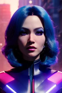 Futuristic cyborg, portrait from waist up, vibrant hair color, intricate eyeliner, vibrant eyeshadow, clear completion, soft lighting, 4k resolution, intricate details, insanely detailed, colorful cityscape background, masterpiece, expert, cinematic smooth, retroanime style, realistic details, no helmet
