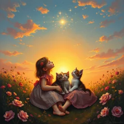 A magical moment in a painterly sunset garden. The two girls sit close together with the three kittens cuddled between them, looking up toward the glowing evening sky. Above them, soft light trails, sparkles, or a glowing star emerge — a touch of fantasy as if nature itself whispers to them. The warm colors wrap around them: coral, gold, rose, and soft blue. The composition feels like the closing page of a gentle fairy tale. Painted with rich oil textures, craquelure, and poetic atmosphere. --v