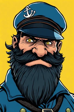 A large and rugged man with yellow eyes and clad as a 1920's skipper with marine blue clothes and an anchor insignia on his cap. His thick black beard and his stern bushy brow is accented by his large and bulbous nose. comic book style, side angle, yellow background