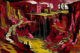 A dark reddish magenta molten mine with iron painted by Wassily Kandinsky