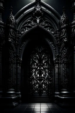 Create a gothic-inspired AI design logo with intricate details. Picture a dark, ornate gothic archway shrouded in shadows. Incorporate elements like intricate wrought iron patterns, dramatic lighting, and subtle hints of mystery to evoke the essence of the gothic style.