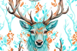 A realistic tattoo of a stag. Create contrast using the colours turquoise and orange also use the colour: #5E8AC3.