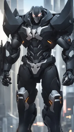 a close up of a Mega Giant in a venom suit, venomized, goth cybersuit, anime mech armor, overwatch character concept art, cyber skeleton, cyber japan armor, cyber fight armor, cyberpunk venom , hard surface character pinterest, reaper from overwatch, black heavy armor, mecha anthropomorphic penguin, mecha suit, venom mecha, muscular! cyberpunk