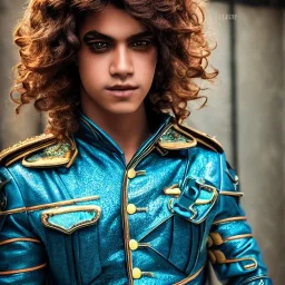 portrait of a teenager brown boy with curly brown long hair and blue eyes,steampunk style,8k quality,full body shot, masterpiece, best quality,sparkling eyes, fluorescent skin, colorful makeup, highly detailed body,sun light, 4K, RAW, depth of field, high contrast, realistic details, 24mm