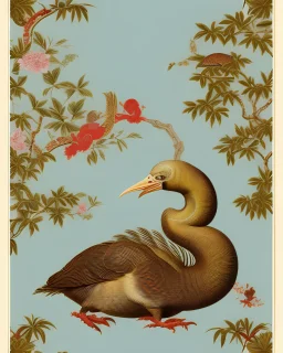 a repeating pattern of Vintage European chinoiserie wallpaper with dodo bird and oak leaf branches