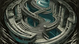 An Escher-esque, impossibly complex architectural descent into a swirling, cavernous void. The scene is dominated by spiraling staircases made of rough-hewn, ancient stone, interspersed with countless circular openings that lead to unseen depths. The color palette is a desaturated, earthy brown for the stone, contrasted with a deep, eerie teal and shadow within the central void. Tiny, silhouetted figures can be seen navigating the treacherous pathways, emphasizing the vast scale of the structure
