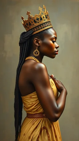 Side profile of an African King with her aspirations behind her. Holding her man hugging with love and romance,Opulent Van Gohn style painting