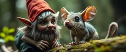close up on pixie elf gnome and a goblin intense huge funny mouse, with background motion blur, in magical forest scene, in the style of Rembrandt