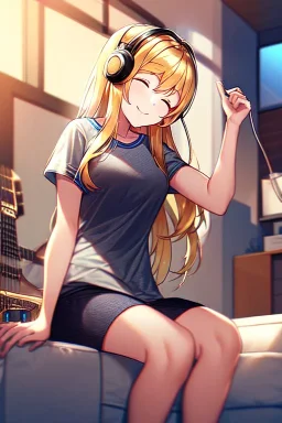 girl, masterpiece, best quality, volumetric lighting, detailed outfit, perfect eyes, golden hair, long hair, closed eyes, headphones on head, listening to music, smile, sitting, indoors, god rays, casual clothes,