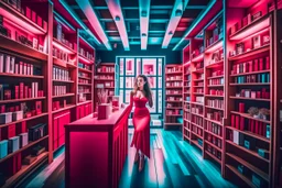 surreal image full-height shot of a young woman in tight red clothing, inside a large modern magic shop, sitting at a desk, wooden shelving, bottles, windows