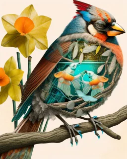 surreal mixed-media illustration of a Blue Jay perched on a textured branch, depicted with a semi-transparent body that reveals an internal aquatic scene.Inside the bird’s torso, Angelfish swim gently in clear water, rendered with scientific-illustration precision and soft painterly textures.The bird’s feathers combine natural realism with subtle graphic stylization, including layered patterns and delicate linework.Surrounding the branch are daffodils and roses, illustrated in a vintage botanica