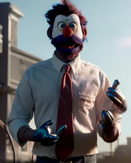 hybrid character, Elmo muppet head, realistic man body, human arms and hands, Shirt and tie, concept art, smooth, unreal engine 5, god lights, ray tracing, RTX, lumen lighting, ultra detail, volumetric lighting, 3d, finely drawn, high definition, 4k.