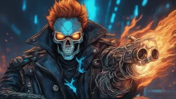 ghost rider in style cyberpunk with Robot Skull and blue fire come out from it