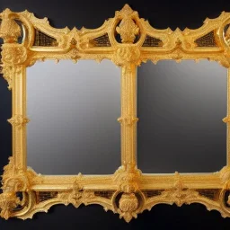 A 4K photo of A long ornate gold mirror. The mirror is fractured and broken into 100 symmetrical pieces