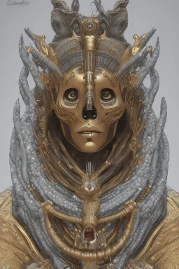 shiny black male African Egyptian alien, cracks in the voodoo head, wicked, eyes, crown, Elephant, 8k, finely detailed, photo realistic, tiger turquoise skull head gold dragon space alien snow skeleton gold hornytoad silver crown silver eyes