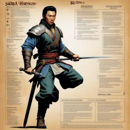 character concept sheet with AD&D statistics and characteristics, [high res photo by Ray Harryhausen for Sakra module B3] Donnie Yen as Kiu Fung with jumping with his short staff