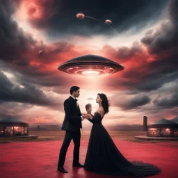 Hyper Realistic photographic-view Handsome-Muscular-Man In Black-tuxedo & beautiful-woman-with-whirling-black-hair-&-black-gown & both-getting-romantic in the middle of nowhere with wedding-setup & UFOs on cloudy-red-sky giving it a dramatic & cinematic ambiance