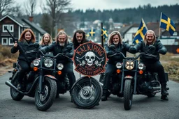 a very hard and tuff motorcycle young gang with Keltic hair , not old, posing with their Harley Davidsson bikes, some of them holding guns and shotguns, a logo sign with "FALKÖPING HD", "FEARLESS SINNERS" Skulls and bones, skeletons and fire, Swedish town Falköping in background, Swedish flags on bikes, Simon Stålenhag style