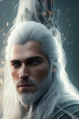 Henry cavil face, yellow eyes, long white hair, wearing The witcher 3, realistic, 4k, intricate, best quality, fog particles, fire particles, octane render, vray, sword fire