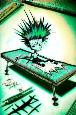 2d drawing of a stickman, cool with punk hair, x eyes like in hangman, laying down flat on somach on massage table,3d realistic in colour