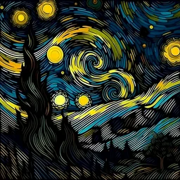 sun and moon in the sky, night time, van gogh style, dark colors