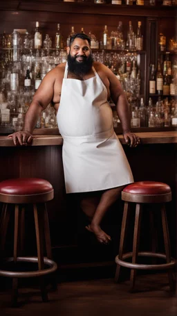 photography of a massive strong burly chubby indian barman 39 years old, short hair, short silver beard,, big shoulders, big calves, shy smling, photorealistic, side light, frontal view from the ground, in a casual bar shirtless wearing a white apron