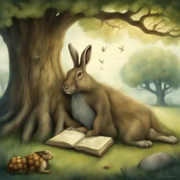 Storybook illustration of the Hare and tortoise fable, lazy Hare is sleeping under an oak tree, by Alexander Jansson, whimsical, by Shaun Tan, storybook page textures