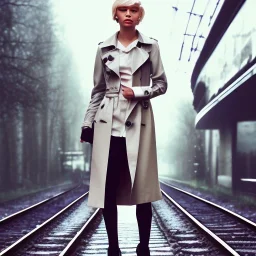 A beautiful slender well dressed young Russian transgender woman with short blonde hair and a black trench coat, waiting for a man at night at a train station in London