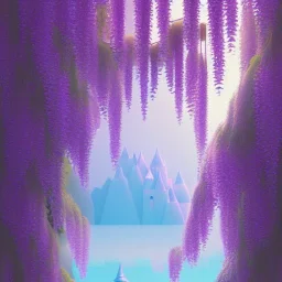 a pink castle, magical crystal pink castel, vertical light, pink and blue wisteria , pink vertical, blue lake,sharp, background vertical blue gradient vertical, elegant, highly detailed, artstation, concept art, smooth, sharp focus, illustration, 8k, splash art, wallpaper, key visual