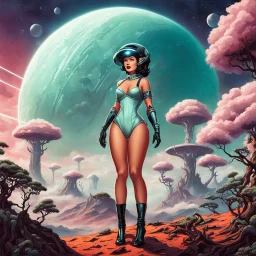 slim Sci-fi pin-up girl on an alien planet of cloud trees