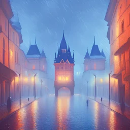 Prague castle at rainy night. Blue and red color tones. Concept art style.