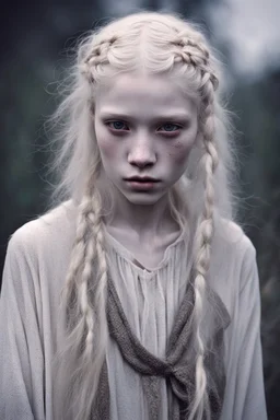 Emotive photographic image - stunningly beautiful, 15 year old albino girl chechen facial features anorexic. sickly, pale skin. blotches on skin. wild, very long, floor length, wavy wispy ghostly white hair in messy braids. ghostly white eyebrows and ghostly white eyelashes. lovely face, sculpted cheeks. beautiful, succulent, pale lips. barefooted. cinematic dynamic masterpiece, hyper realistic film still, beautifully detailed, soft lighting, ethereal, sparkle, beautifully lit, dramatic lighting