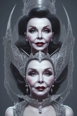 Joan Collins as evil queen in black leather, leather, busty, cleavage, angry, stern look. character design by cory loftis, fenghua zhong, ryohei hase, ismail inceoglu and ruan jia. unreal engine 5, artistic lighting, highly detailed, photorealistic, fantasy